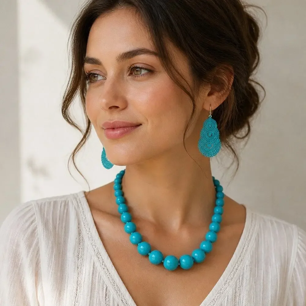 Chunky Howlite Turquoise Beaded Necklace & Curated Featherlike Chandelier Drops